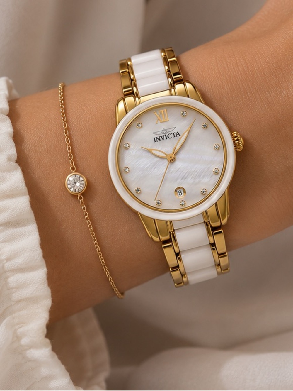 Invicta Celestial Lady 34.7mm Gold Tone Case White+Gold Metal Dial Gold Band